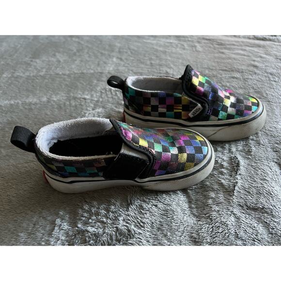 Vans Slip-On Shoes Girls Size 6 Iridescent/Black Checkerboard US Toddler - Picture 3 of 11